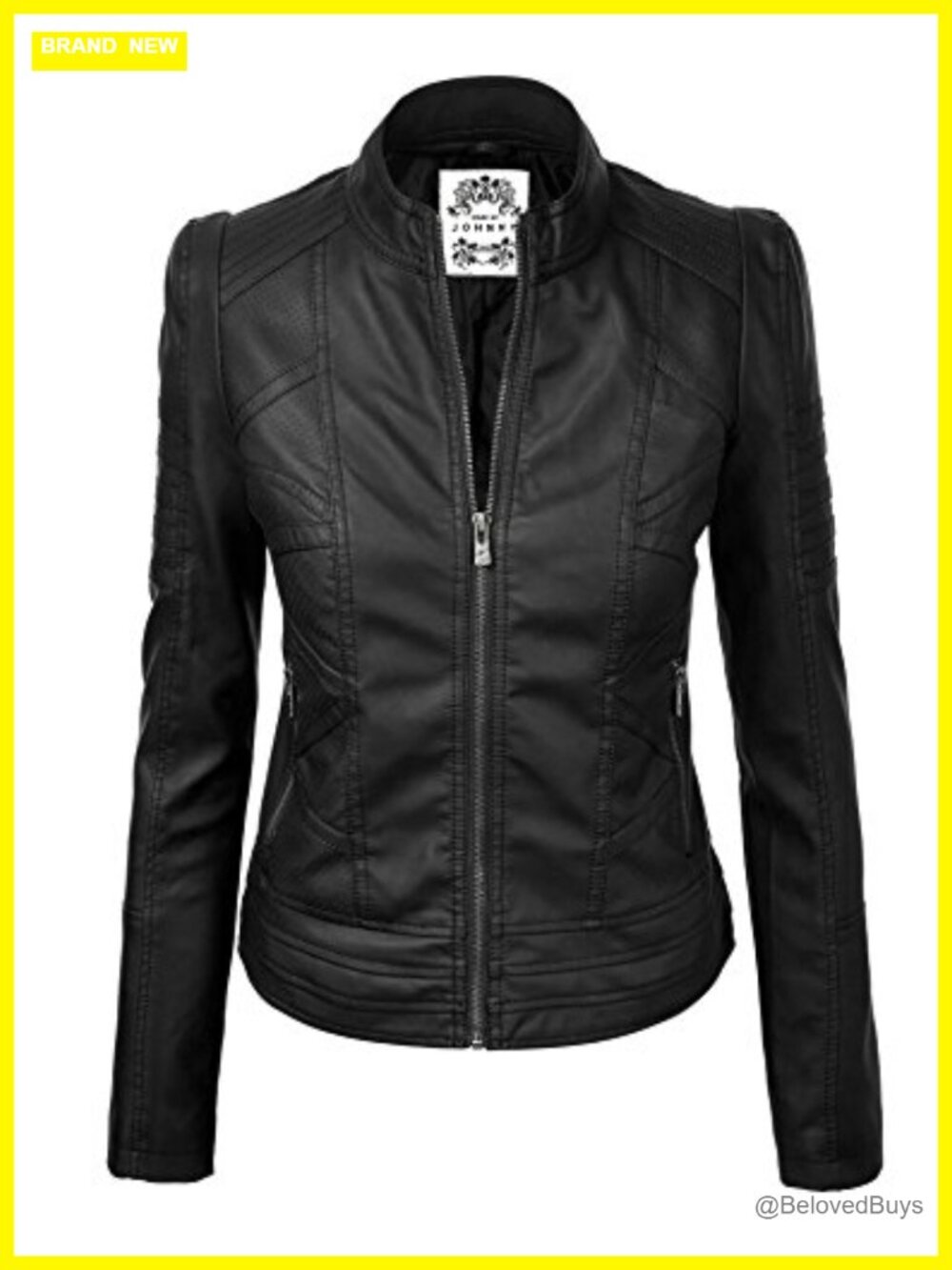 Women's Faux Leather Zip Up Moto Biker Jacket with Stitching